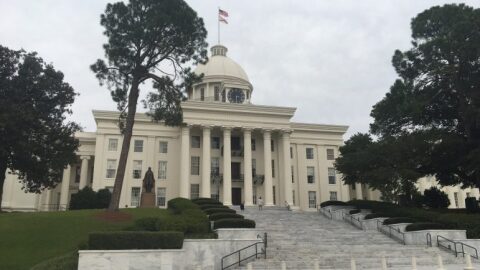 A view up the steps to the Alabama Capitol building in Montgomery