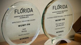 First-place awards from the Florida Association of Broadcast Journalists for WUWF's Sandra Averhart, left, and Christina Andrews, right