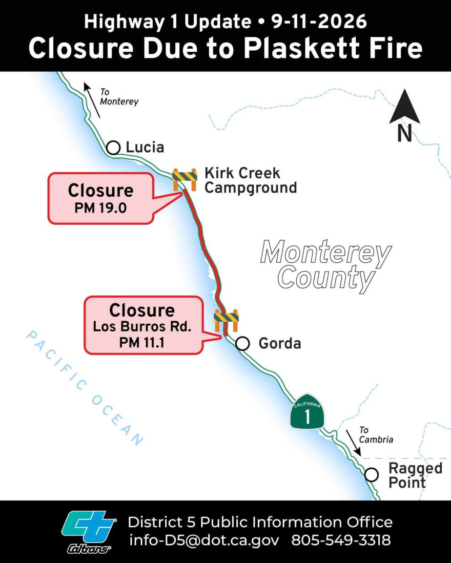 A map from Caltrans showing a closure from mile marker 19.0 on the north end to mile marker 11.1 on the south end.
