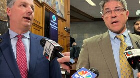 House Speaker Todd Huston (left) and Senate President Pro Tempore Rodric Bray answer reporter questions in scrums held Thursday, April 27, 2025.