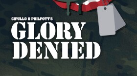 Promo image for Glory Denied, featuring the title in stencil font below a helmet, dog tags, and patriotic bunting