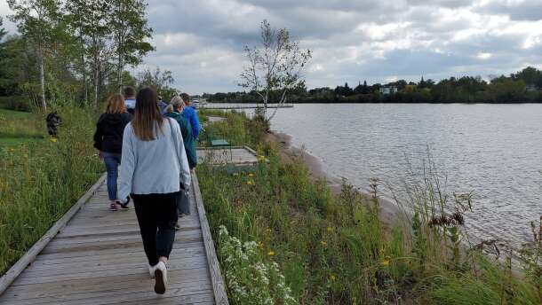 A few people walking away along a boardwalk lining a green plant and sand shoreline