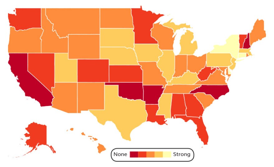 SOURCE: First Amendment FoundationRelative strength of state open government laws across the country from none (dark red) to strong (bright yellow)