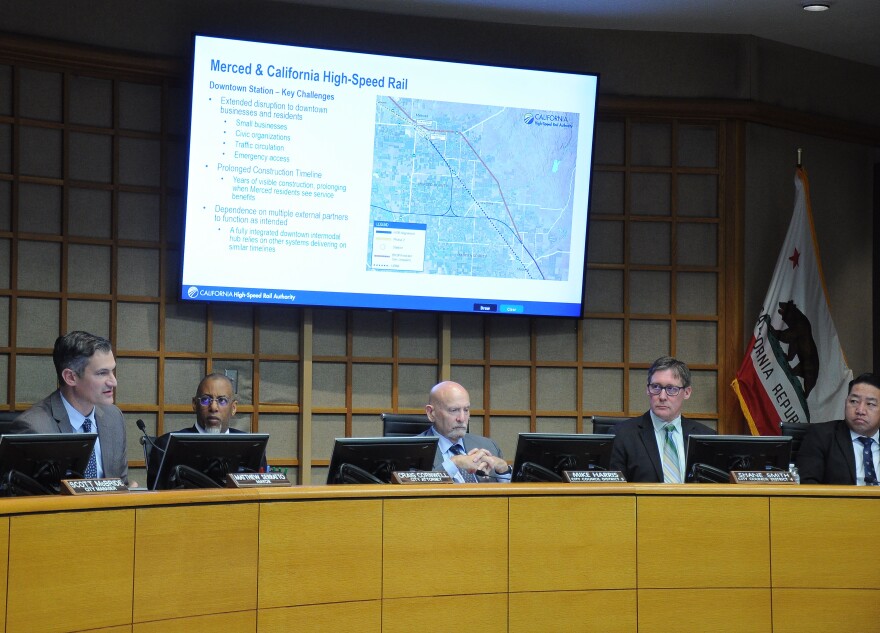 Merced Mayor Matt Serratto, far left, is shown speaking during a Jan. 12, 2026 meeting about potentially moving a proposed High Speed Rail station about four miles southeast of the city. Meanwhile, from left to right, City Attorney Craig Cornwell, and council members Mike Harris, Shane Smith and Yang Pao Thao, are shown listening.