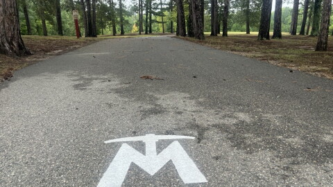 The Mesabi Trail logo is painted in white on the asphalt trail. Trees are visible in the background. 