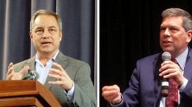 Two white men in side-by-side photos speak into microhones