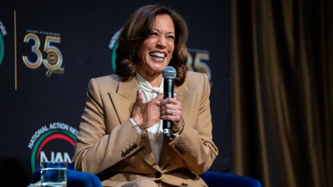FILE - Former Vice President Kamala Harris speaks during the National Action Network Convention in New York, April 10, 2026