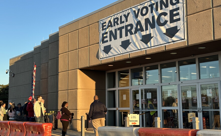 Voters form a line outside the Franklin County Board of Elections for the first day of early voting in October 2026.