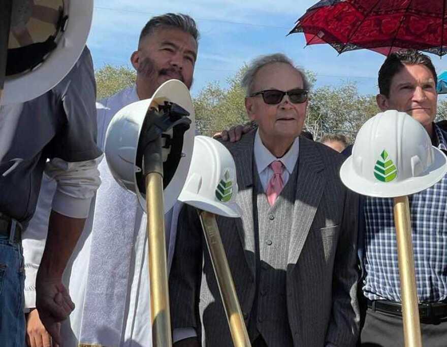 Father Edgar Villanueva (from left) and Tom Dolan at the groundbreaking ceremony for the Sun Valley church on October 15, 2023.