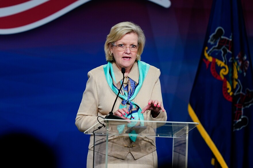 Cleta Mitchell speaks at a conference in Camp Hill, Pa., on April 1, 2022. The influential conservative attorney helped former President Donald Trump as he sought to overturn the 2020 election. She's now working to dismantle ERIC.