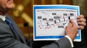 US Senator Roger Marshall, Republican of Kansas, holds up a graphic illustrating quality issues with a Boeing 787 planes during a US Senate Homeland Security and Governmental Affairs Subcommittee on Investigations  hearing on "Examining Boeing's Broken Safety Culture: Firsthand Accounts," at Capitol Hill in Washington, DC.