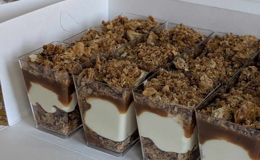 Meezan Kitchen's dessert shots come in a variety of flavors, including cheesecakes, knafeh, and cardamom chocolate