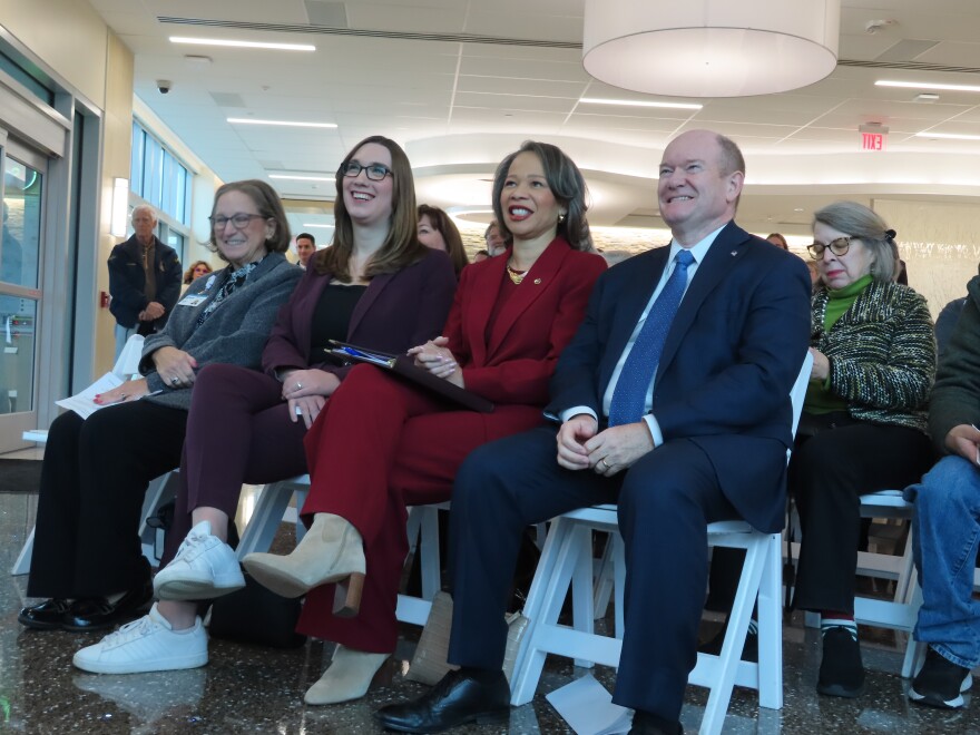 Delaware's congressional delegation (left to right): Congresswoman Sarah McBride, Senator Lisa Blunt Rochester, and Senator Chris Coons, sit in attendance of Beebe's ribbon cutting event.