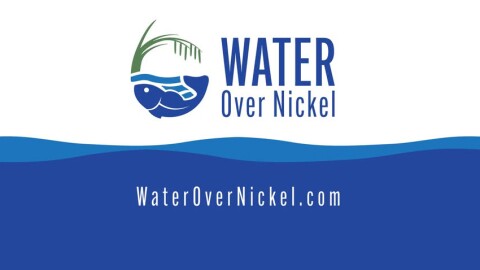 Blue and white image for "Water Over Nickel"; logo of a blue fish under a stylized, green wild rice stalk