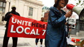 AFL-CIO Executive Arlene Holt Baker speaks at a protest in Washington DC. Unite Here represents hotel and restaurant workers.