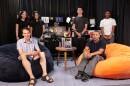 A Media Lab team gathers after interviewing author Nicholas Day. Standing, from left: Vanya Williams, Evelyn Gonzalez-Perez, Josiah Pagan, Au'dahcey Hickson. Sitting, from left: Nicholas Day, Davien Landrau.