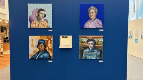 Scenes from the installation of the exhibit "48 Jews: Layers of Identity."