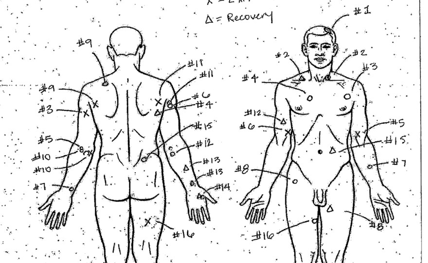 An autopsy diagram provided by the Cook County Medical Examiner's office shows the location of wounds on the body of Laquan McDonald.