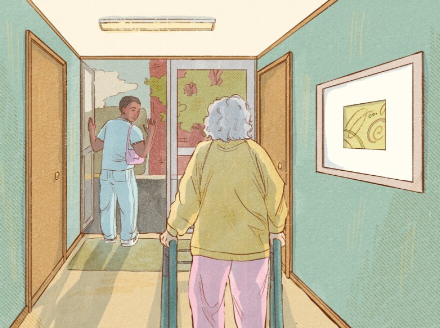A caregiver waves while leaving the home of an older adult. Immigrants make up 30% of all direct care workers nationwide, according to KFF. Federal immigration changes have made recruiting workers even more of a challenge, Wisconsin officials say. (Elena Delzer for Wisconsin Watch)
