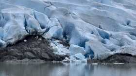 The center of Mendenhall Glacier’s terminus on Nov. 23, 2025. Scientists confirm the glacier is no longer interfacing with Mendenhall Lake.