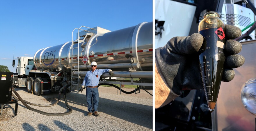 Scott Zimmerman, an oil hauler for the CHS refinery, tests the oil using a centrifuge built into his truck in Rice County, Kan.