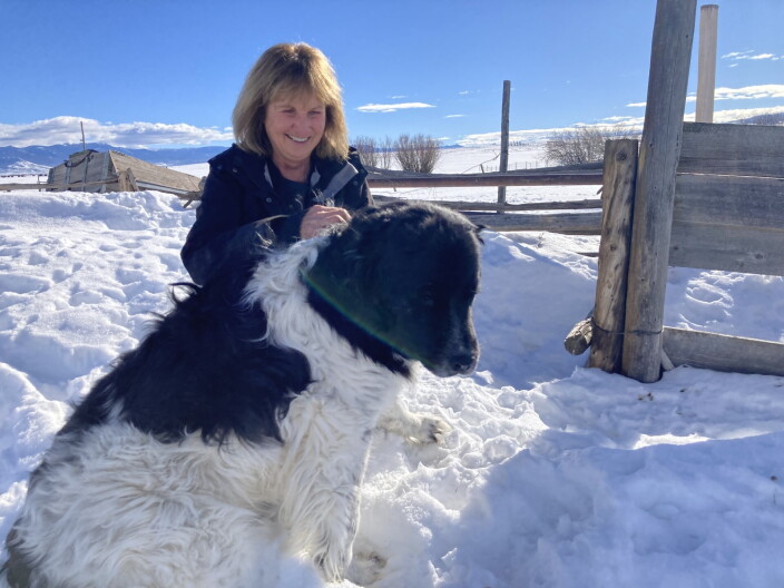 A woman stands next to a massive, furry dog