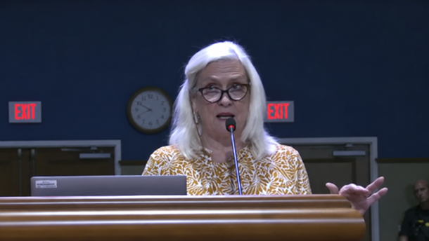 Escambia County resident Margaret Hofstetter asks commissioners to publicly discuss how they would prepare for potential revenue losses if voters approve Amendment 3 in November.