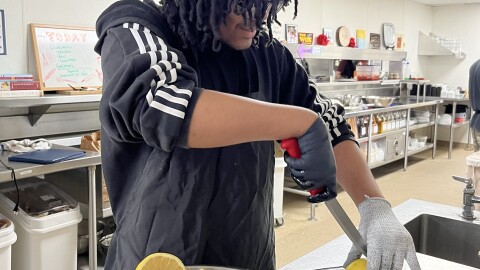 A teenager cuts grapefruits in an industrial kitchen. He's wearing and apron and gloves.