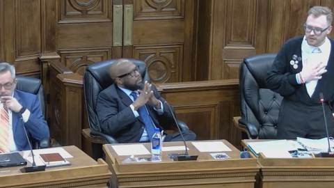 Ward 1 Councilmember Fran Wilson (right) addresses council members after being sworn in Dec. 1, 2025.