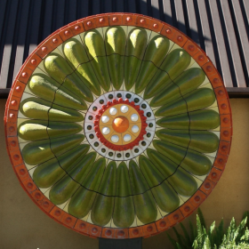 A medallion by artist Stan Bitters at Fresno's Duncan Ceramics building on Shields Avenue.