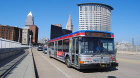 An RTA bus crosses the Detroit-Superior Bridge in downtown Cleveland in 2013.