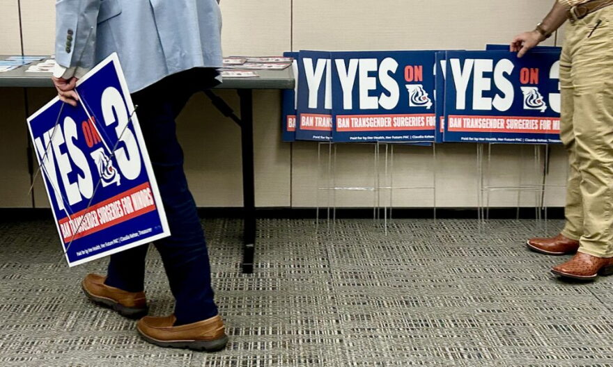 Supporters of Missouri’s Amendment 3, which would reinstate a near-total abortion ban and place a permanent ban on gender-affirming care for minors into the constitution, gather for an informational meeting on Sept. 10 in St. Louis County (Anna Spoerre/Missouri Independent).