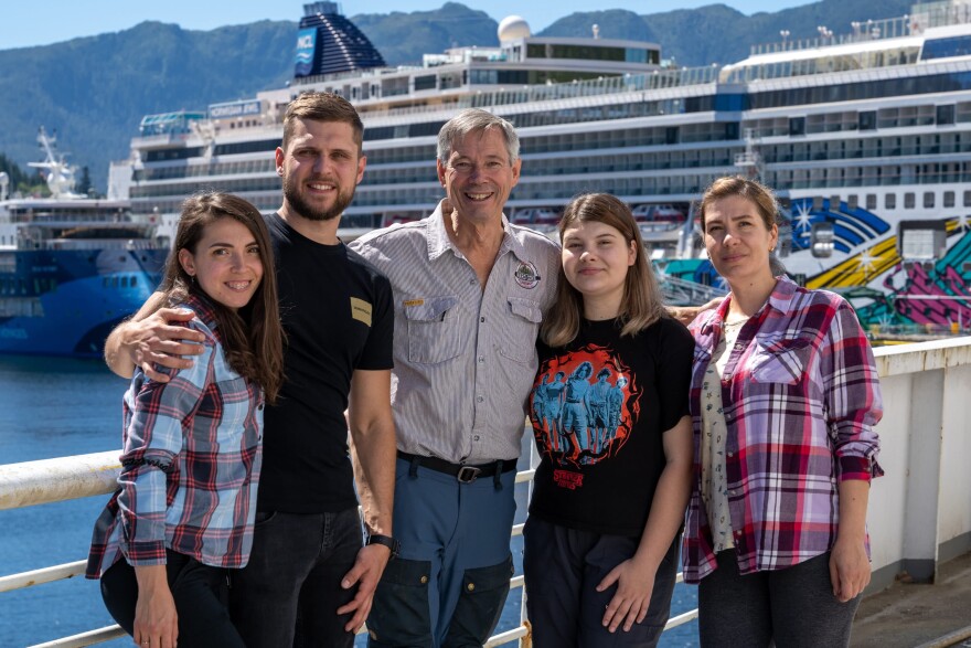 Yelyzaveta Kovryha, Mykyta Zakharchenko, John Binkley, Sofia Zagrabelskaa and Margarita Leontovich aboard the retired Alaska Marine Highway ferry Malaspina. (Eric Stone/KRBD)