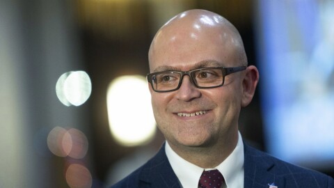Secretary of State candidate and current Ada County Clerk Phil McGrane is pictured during the Idaho Republican Party 2022 General Election Night Celebration held at The Grove Hotel in Boise, Idaho. (AP Photo/Kyle Green)
