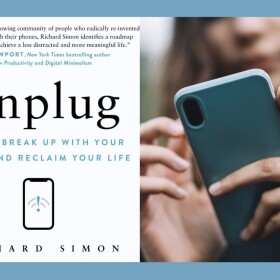 Unplug book cover alongside photo of young woman using her smartphone