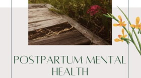 Image of summer plants near a body of water; "POSTPARTUM MENTAL HEALTH" in caps below