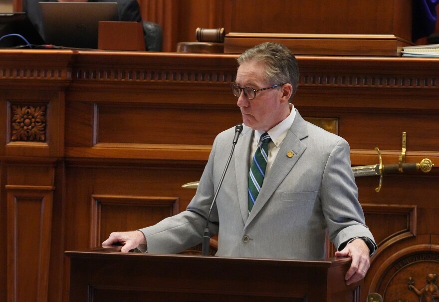 Senate Education Committee Chairman Greg Hembree, R-Horry, speaks on the charter school accountability bill, S. 454, in the Senate chamber the at the South Carolina Statehouse on Feb. 10 , 2026.