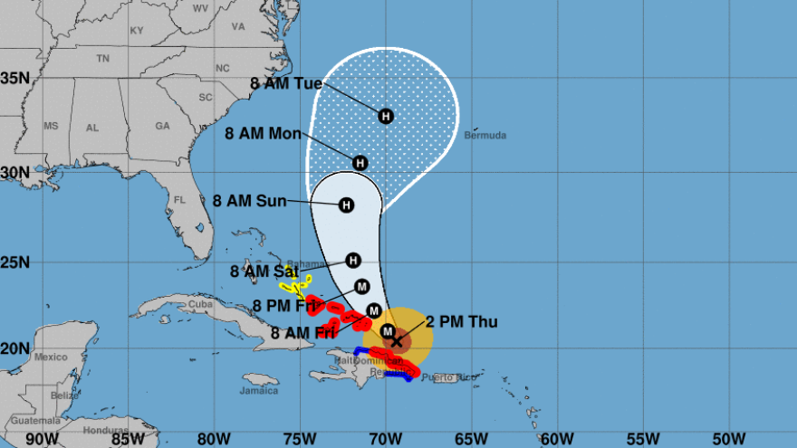 Hurricane Maria is predicted to make a turn more to the north in the coming days, as seen in this National Hurricane Center forecast from 2 p.m. ET.