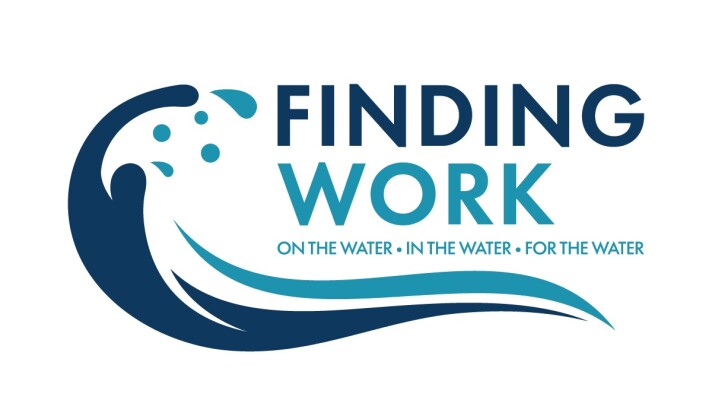 Illustrated logo of a wave of water and text that reads "Finding Work on the water, in the water, for the water"