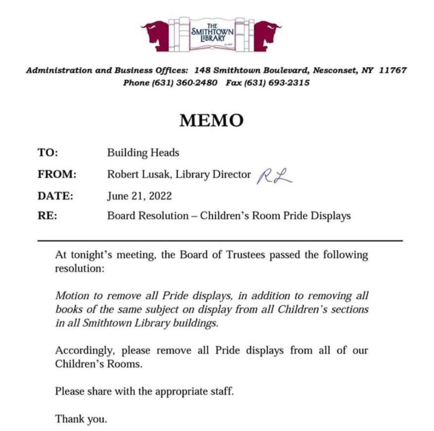 A screenshot of the memo to Smithtown Library building heads that has been circling social media.