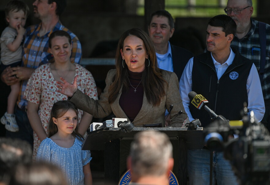 U.S. Secretary of Agriculture Brooke Rollins speaks to press about a federal disaster declaration to help farmers in Pennsylvania who lost crops after a freeze in April.