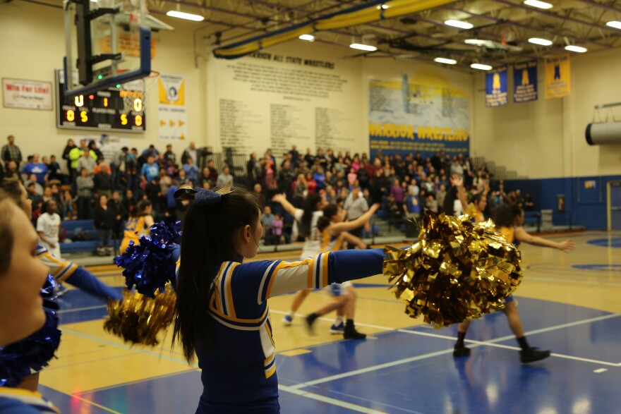 The Bethel squad cheers on the Bethel Warrior girls basketball team at the Ravn Invitational Basketball Tournament on January 27, 2018.