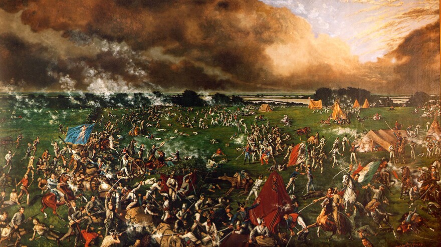 The 1895 painting depicting the Battle of San Jacinto by Henry Arthur McArdle. Jose Antonio Menchaca can be found behind a charging soldier in the bottom left hand corner.