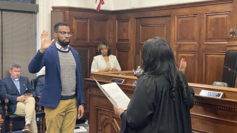 Mark Greer is sworn in as an at-large council member on April 27, 2026.