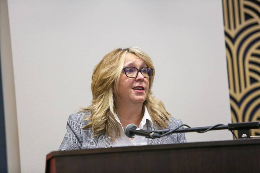 Carole Goldsmith speaks during a press conference.
