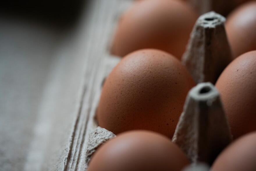 Eggs are seen in a carton on Monday, April 13, 2026, in Portland, Ore. (Jenny Kane/AP)