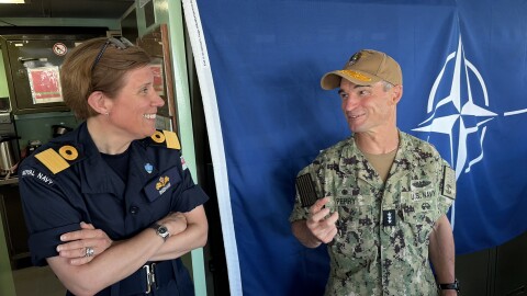Commodore Maryla Ingham of the British Royal Navy and Adm. Doug Perry, head of both US 2nd Fleet and NATO Joint Forces Command Norfolk on the bridge of the German frigate FGS Sachsen.