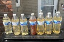 A row of water bottles with varying shades of discolored water in them including one that is opaque.