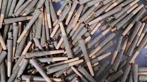 CBD prerolls in the shape of a joint fill a container at Asterra Labs in Nashville, North Carolina.