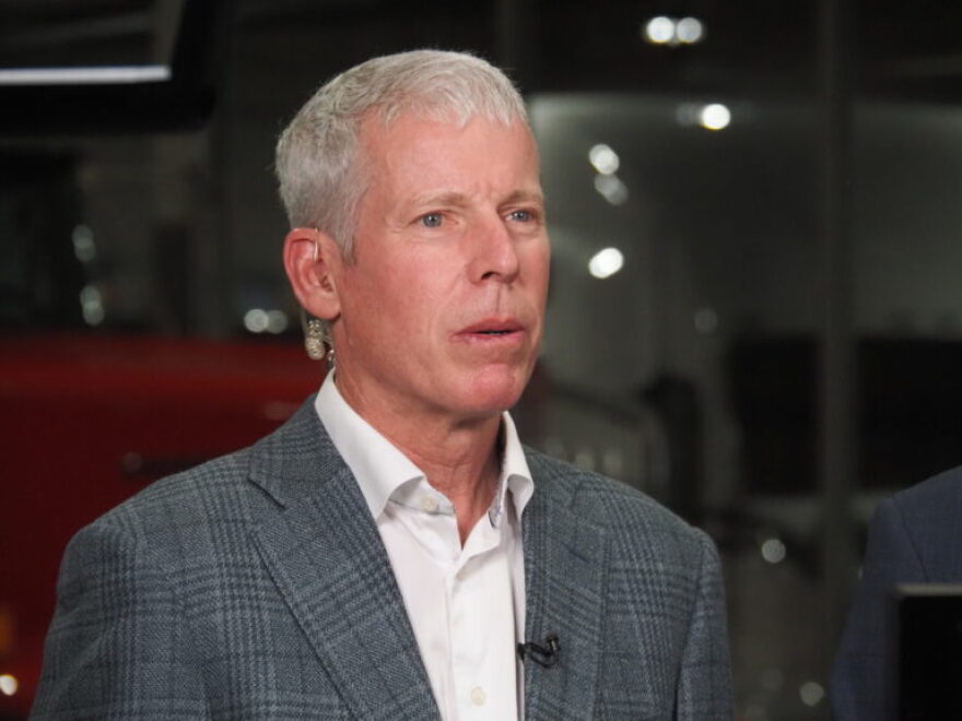 U.S. Energy Secretary Chris Wright waits for a live television segment to begin after an environmental deregulation event at an Indianapolis truck dealership on Tuesday, July 29, 2025.